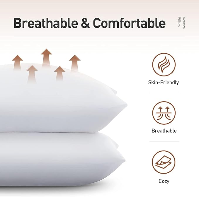 Acanva Bed Pillows 2 Pack Hotel Collection Luxury Soft Inserts for Sleeping-Breathable and Comfortable for Stomach Back Sleepers, Queen (Pack of 2), White