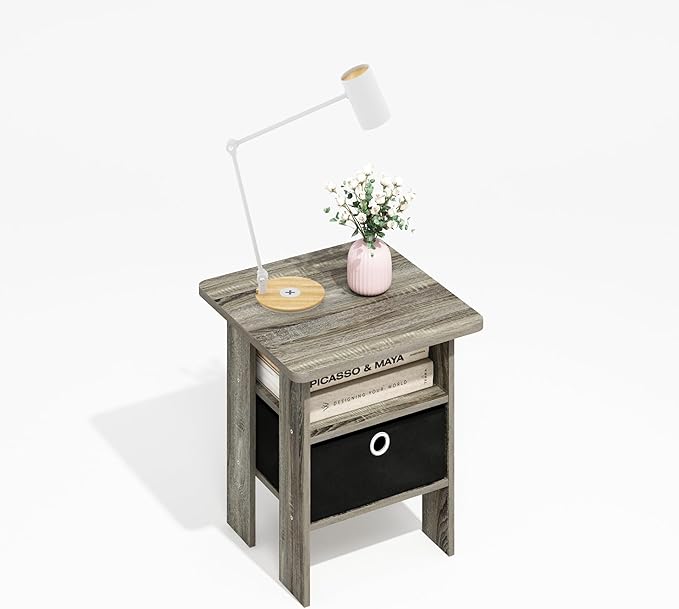 Furinno Modern Side Table, Square Top End Table with Storage Bin, Night Stand, Bedside Table with Storage Shelf, for Living Room, Bedroom, Grey Oak