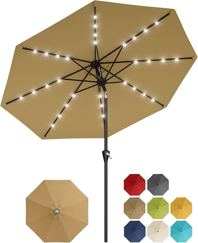 Garvee 9FT Solar Patio Umbrella with 32 LED Lights - Outdoor Table Umbrella with Crank Lift, Push Button Tilt and 8 Sturdy Ribs - Market Umbrella UV Protection for Pool, Deck, Yard, Garden -Tan