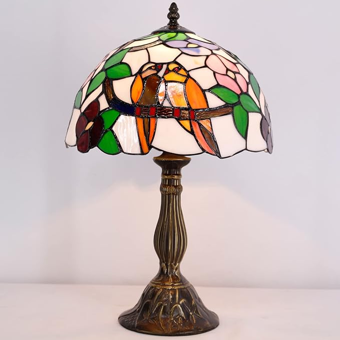 WERFACTORY Tiffany Table Lamp Stained Glass Bedside Lamp Double Tropical Birds Desk Reading Light 12X12X18 Inches Decor Bedroom Living Room Home Office S803 Series