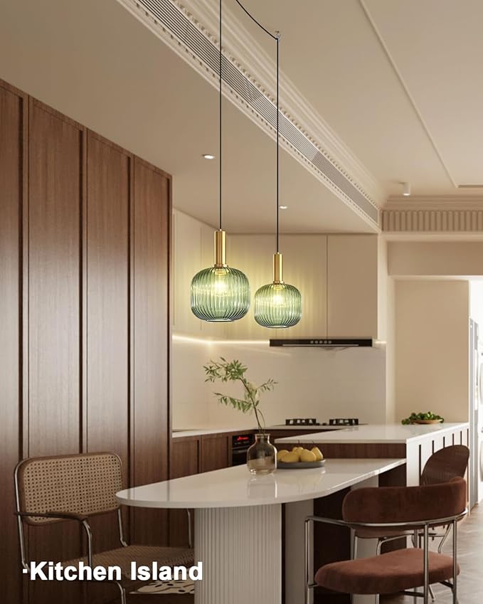 Plug in Pendant Light Green Glass Hanging Lights with Plug in Cord Vintage Gold Hanging Pendant Light Mid Century Modern Ceiling Hanging Lamp for Kitchen Island Dining Room Living Room Bedroom