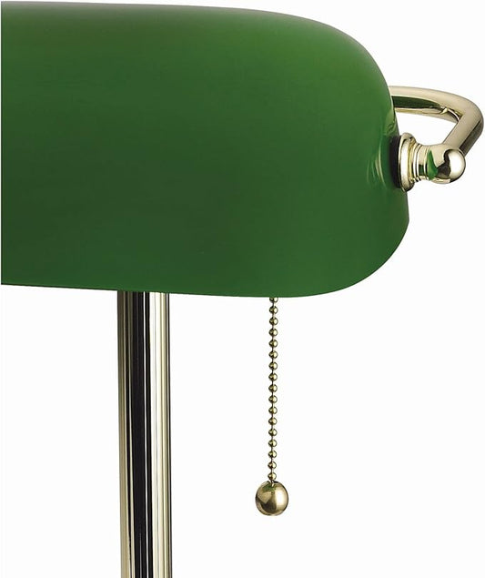 Catalina Lighting 17466-017 13.5'' Traditional Banker's Lamp Light Fixture with Green Glass Cylinder Shade for Office, Library, Living Room, or Dorm, Polished Brass