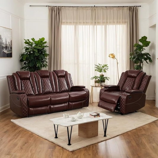 Breathing Leather Power Recliner Sofa Set, 2 Piece Leather Couch and Recliner Chair Set, Living Room Furniture Set with USB Charging/LED Lights (Auburn, Sofa+Chair)