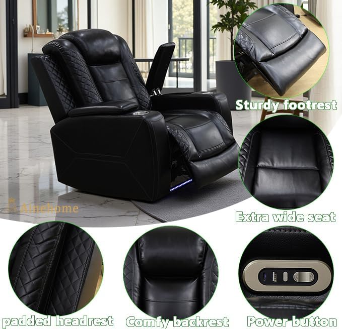 A Ainehome Living Room Furniture Power Recliner Sectional Sofa Set, Power Reclining Sectional Couch, Adjustable Sofa, Loveseat and Chair with USB Chargers/Storage Console for Living Room(B-Black)