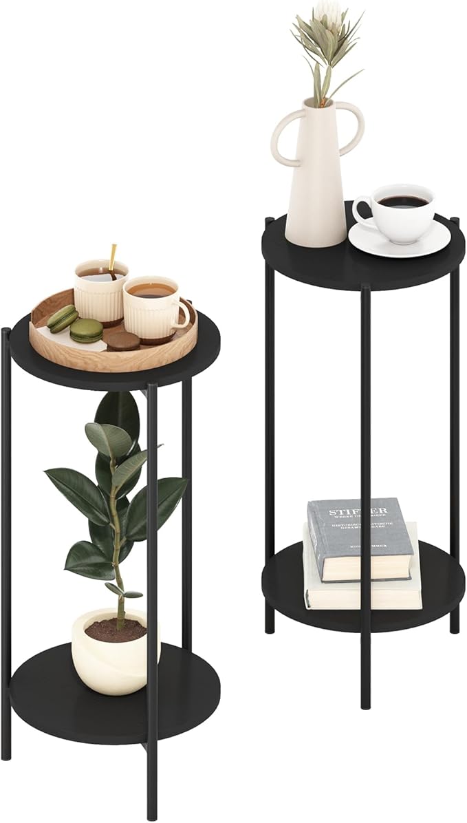 Furinno BESI Side Table Set of 2, 2-Tier Small Round End Table with Metal Legs, Metal Frame Night Stand, Bedside Table with USB and Type-C Charging Port, for Living Room, Bedroom, Americano