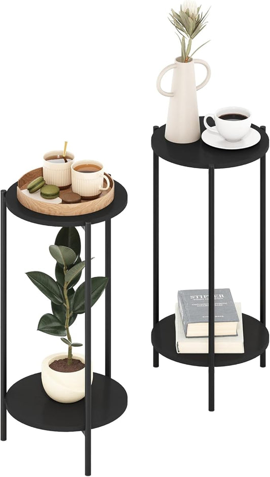 Furinno BESI Side Table Set of 2, 2-Tier Small Round End Table with Metal Legs, Metal Frame Night Stand, Bedside Table with USB and Type-C Charging Port, for Living Room, Bedroom, Americano