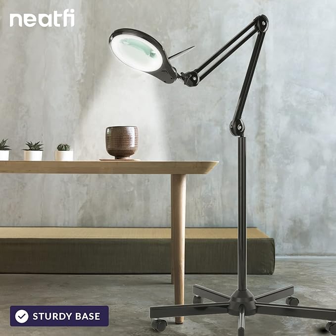 Neatfi LED Magnifying Floor Lamp 1,200 Lumens – 5” Bifocal Glass Lens, Dual Magnification 2.25X + 6X, Dimmable Task Light | Adjustable Arm, Rolling Base | Reading, Crafting & Sewing (Black, 5 Inches)