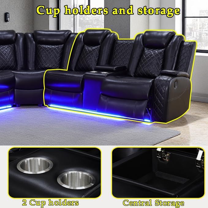 A Ainehome Power Furniture Reclining Sectional Sofa Set, Living Room Power Recliner Adjustable Sofa, Loveseat and Chair with USB Chargers/Storage Console for Living Room/Office(A-Black)
