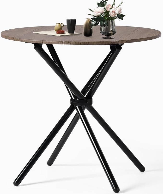 FurnitureR 31.5-Inch Round Dining Table for 2-4 People, Wooden Kitchen Table with Intersecting Pedestal Base and Metal Legs, Multifunctional for Café, Restaurant, and Home Dining, Brown