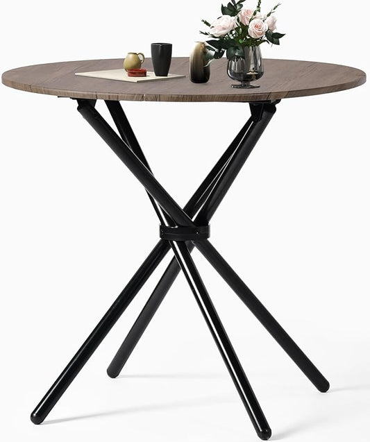 FurnitureR 31.5-Inch Round Dining Table for 2-4 People, Wooden Kitchen Table with Intersecting Pedestal Base and Metal Legs, Multifunctional for Café, Restaurant, and Home Dining, Brown