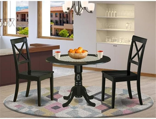 East West Furniture DLBO3-BLK-W 3 Piece Dining Table Set for Small Spaces Contains a Round Dining Room Table with Dropleaf and 2 Wood Seat Chairs, 42x42 Inch, Black
