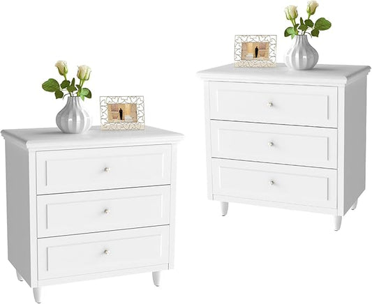 AWQM White Night Stand Set of 2, 3 Drawer Nightstand Set of 2, 22 Inch Wider Side Table with Storage, Rattan Boho Bedside Tables, End Table for Bedroom, White