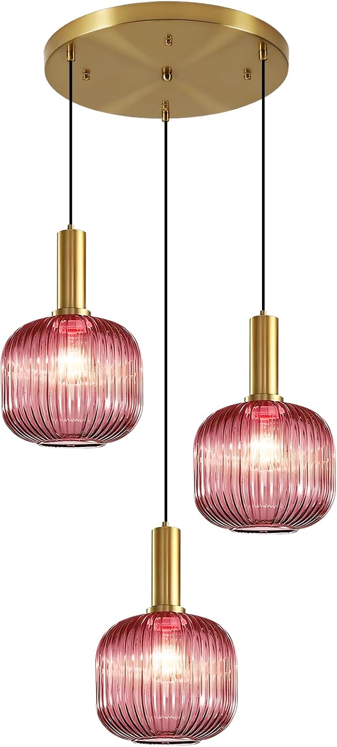 3-Light Glass Pendant Chandelier Pink Pendant Light Vintage Cluster Pendant Lights Kitchen Island Gold Light Fixtures Ceiling Hanging Dining Room Lights Over Table Lighting