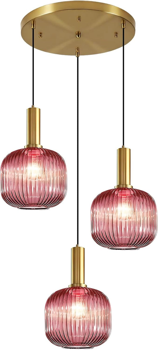 3-Light Glass Pendant Chandelier Pink Pendant Light Vintage Cluster Pendant Lights Kitchen Island Gold Light Fixtures Ceiling Hanging Dining Room Lights Over Table Lighting
