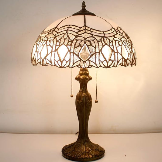WERFACTORY Tiffany Style Table Lamp White Stained Glass Crystal Bedside Lamp 16X16X24 Inch Desk Reading Light Metal Base Decor Bedroom Living Room Home Office S508W Series