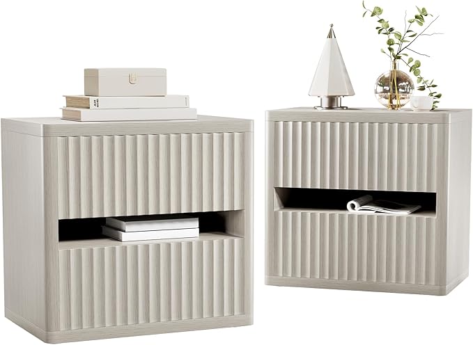 Dripex Fluted Nightstand Set of 2, 22'' Wide Night Stand with 2 Large Drawers, Mid Century Modern Wood Bedside Table with Open Shelf, Large Bed Side End Table for Bedroom, Gray Oak