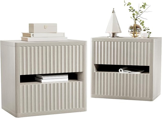 Dripex Fluted Nightstand Set of 2, 22'' Wide Night Stand with 2 Large Drawers, Mid Century Modern Wood Bedside Table with Open Shelf, Large Bed Side End Table for Bedroom, Gray Oak