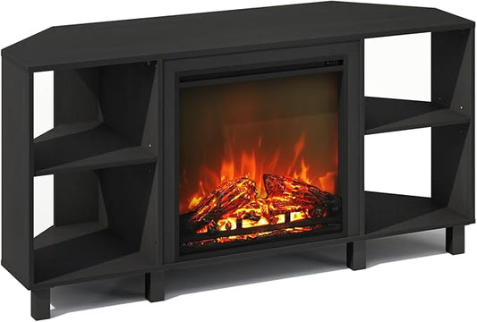 Furinno Jensen Fireplace TV Stand, NO Heat Decorative Electric Fireplace Corner TV Stand for TV up to 55 Inch, with 4 Open Shelves, for Living Room, Americano
