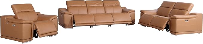 Blackjack Furniture Venice Top Grain Italian Leather 6 Power Recliner Seaters 3 Piece Sofa Set with Adjustable Headrests Modern Luxury Seating Sofa, Loveseat and Chair for Living Room Lounge, Cognac