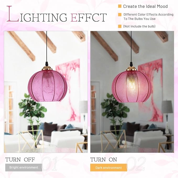 14.75ft Plug in Pendant Light, Vintage Hanging Lamp with Purple shade Glass Plug in Hanging Light Fixture ON Off Switch mid Century Modern Pendant Lights for Dining Room Kitchen Living Room Bedroom