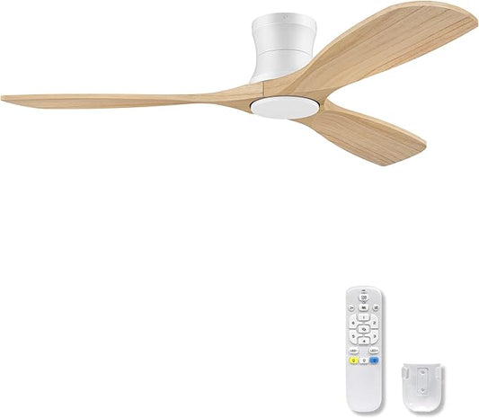 52" Flush Mount Ceiling Fans with Lights and Remote,6 Speeds DC Reversible,Dimmable,Noiseless,White& Light Wood blades Low Profile Ceiling Fans for Bedroom Living Room Patio,Modern Indoor/Outdoor