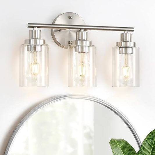 Vanity Wall Light Fixtures, Modern 3 Lights Wall Sconce with Clear Glass Shade, Brushed Nickel Farmhouse Wall Lamp for Bathroom Mirror Kitchen Porch Living Room Workshop (E26 Base)