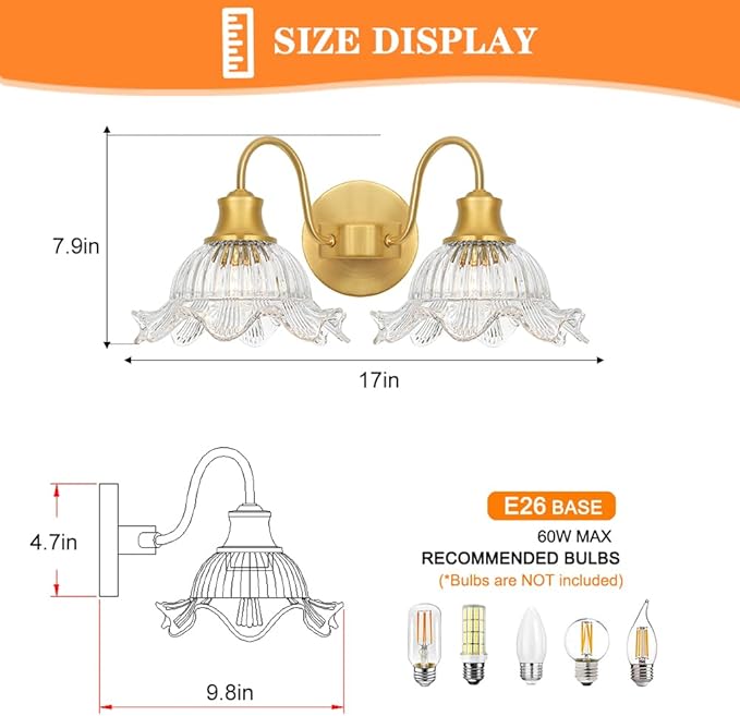 Vintage Vanity Light 2-Light, Gold Bathroom Light Fixture with Crystal Glass Shades, Wall Sconce for Bathroom Mirror Lighting, Brass Wall Sconce Decor for Powder Rooms, Dressing Areas