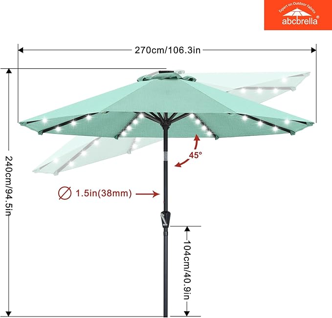 ABCCANOPY OLEFIN® 5-Year No Fading Patio Umbrella with Solar Lights (Light Blue)