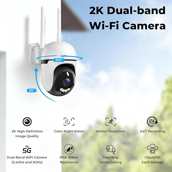Security Camera Outdoor Wired,2K Security Cameras Outdoor,2.4G & 5GHz WiFi Surveillance Camera Home/Dome,IP66 Waterproof,360° PTZ Auto Tracking,Color Night Vision/AI Alert