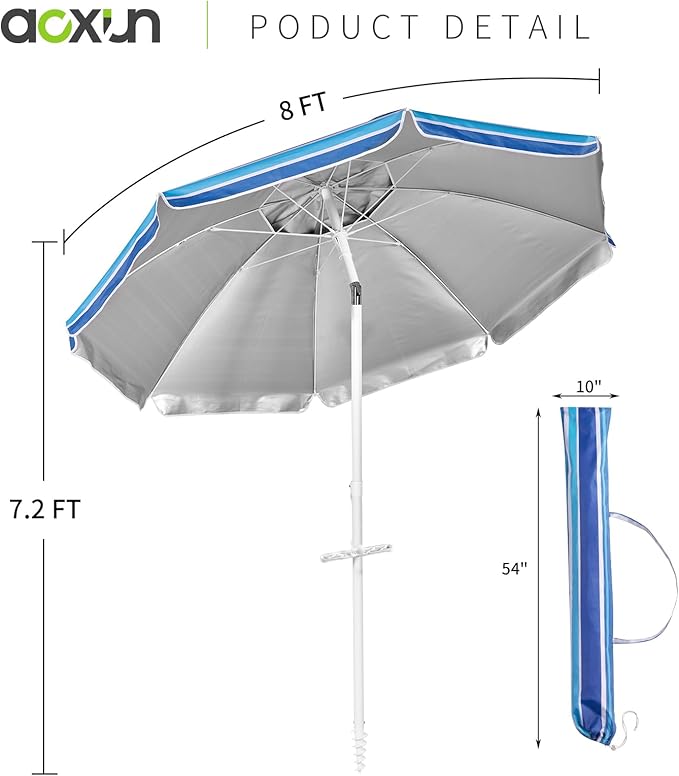 Aoxun 8 FT Beach Umbrella with Tilt Pole, Portable Sand Anchor and Carry Bag, UPF 50+ Sun Shelter Air Vents Design for Outdoor (Navy Blue & White)