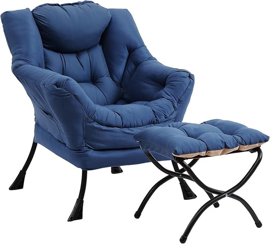 Lazy Chair with Ottoman, Modern Accent Chair with Folding Footrest, Royal Blue Sofa Chair Set, Comfortable Reading Chairs, Oversized Armchairs for Bedroom, Study, Living Room, Courtyard