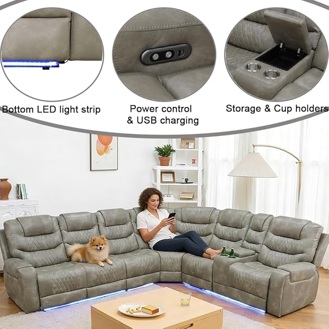 Power Reclining Sofa Set with LED Light, Living Room Furiture Set,Leather Reclining Sectional Couch with USB Port/Cup Holder for Living Room Home Office