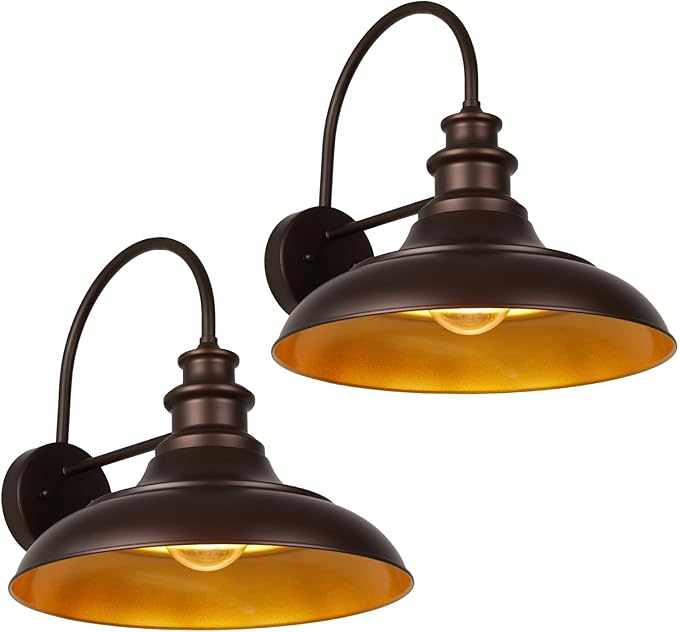 Outdoor Barn Light Fixtures, 16 Inch Large Dome Farmhouse Exterior Wall Mount Lights, Rustic Wall Sconces Indoor Wall Lighting, Industrial Bronze Gold Lanterns for Porch, Garage,2 Pack
