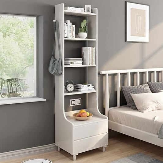 IOTXY White Bedside Table Bookshelf - 71" Tall Floorstanding Wooden Open Shelf Bookcase with 2-Drawers and 4-Shelves, Bedroom Bed Side End Table, Nightstand