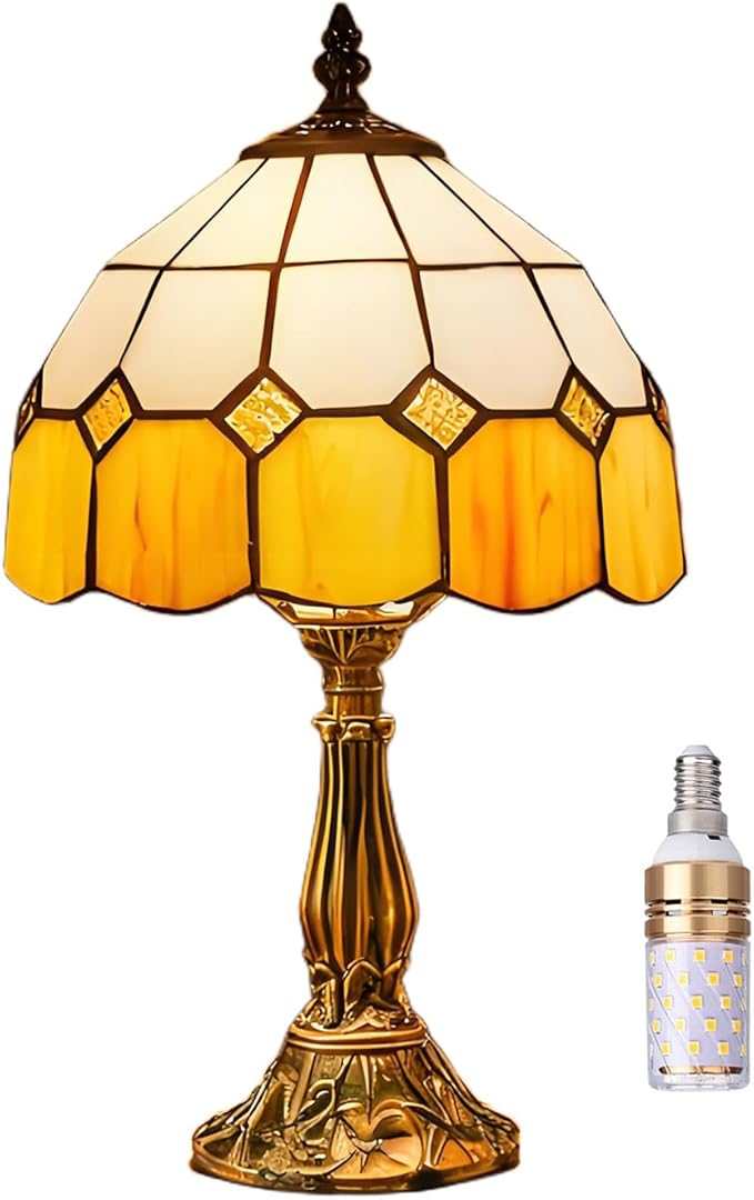 Table Lamp Tiffany-Style 8 Inch Mediterranean Series Stained Glass Lampshades Small Bedside Lamp Reading Antique Desk Light Livingroom Bedroom Office Vintage Art De(Color:Yellow)