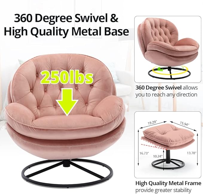 Velvet Swivel Accent Chair with Ottoman Set, Modern Lounge Chair with Metal Base Frame & Footrest, Comfortable Single Leisure Sofa Chair Reading Chair with 360 Degree Swiveling for Living Room, Pink