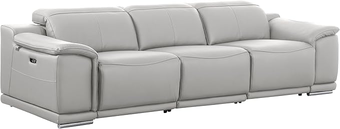 BlackJack Furniture Venice Top Grain Italian Leather Dual Power Recliner Sofa - 107" Theater Seating Modern Couch for Living Room Apartment Home with Adjustable Headrests & USB Port, Light Grey
