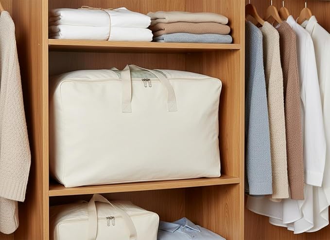 Soft Canvas Clothes Storage Bags with Four Carrying Handles and Clear Window, Closet Organizer for Clothing, Blankets Sheets and Bedding, 55L, Beige