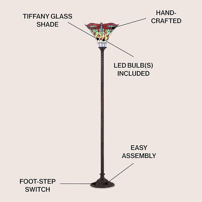 JONATHAN Y 71" Bronze/Red Dragonfly Tiffany-Style LED Floor Lamp, Traditional Standing Light for Living Room, Multi-Color Stained Glass Shade, LED Bulb Included JYL8002A