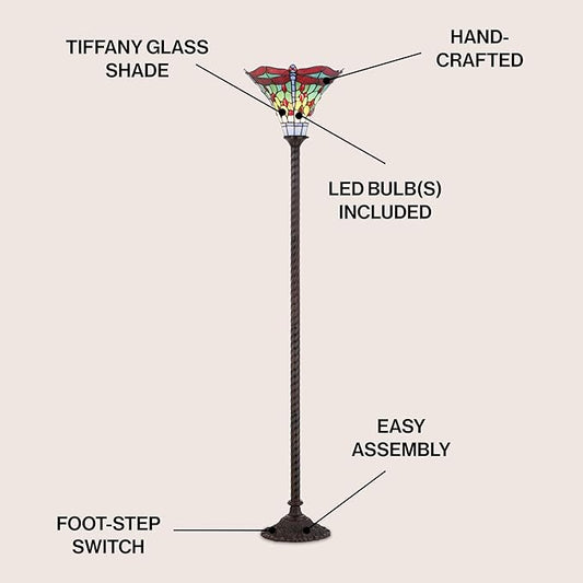 JONATHAN Y 71" Bronze/Red Dragonfly Tiffany-Style LED Floor Lamp, Traditional Standing Light for Living Room, Multi-Color Stained Glass Shade, LED Bulb Included JYL8002A