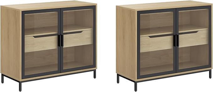 Nathan James Mackenna Metal and Glass Sideboard Accent Cabinet with Two Doors, Oak Credenza for Kitchen or Living Room Set of 2