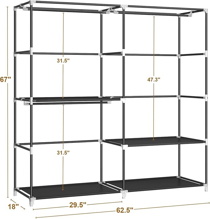 62.5" Closet Wardrobe, Portable Closet for Bedroom, Freestanding Clothes Rack with Non-Woven Fabric Cover, 3 Hanging Rods, 4 Storage Shelves, Clothes Storage Organizer, Black