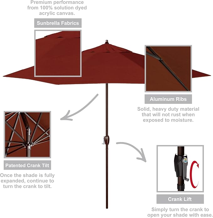 California Umbrella 12-Year Protection 9-Ft Outdoor Patio Umbrella, Sunbrella Fade-Resistant Acrylic Fabric, Auto Tilt and Crank, Heavy-Duty Aluminum Frame/Reinforced Ribs, Bronze Pole, Terracotta