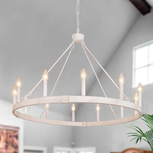 White Wagon Wheel Chandelier 37.4 inch, 12-Light Large Round Industrial White Farmhouse Chandeliers for Living Room Dining Room Foyer Entryway Outdoor Porch High Ceilings
