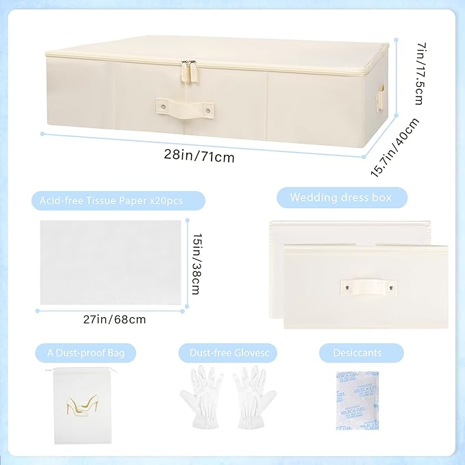 Duduboy Wedding Dress Storage Box Bridal Essentials Heirloom Breathable Wedding Gown Preservation Box - Large Size with Microfiber Gloves Acid-Free Tissue Paper and Dustproof Bag