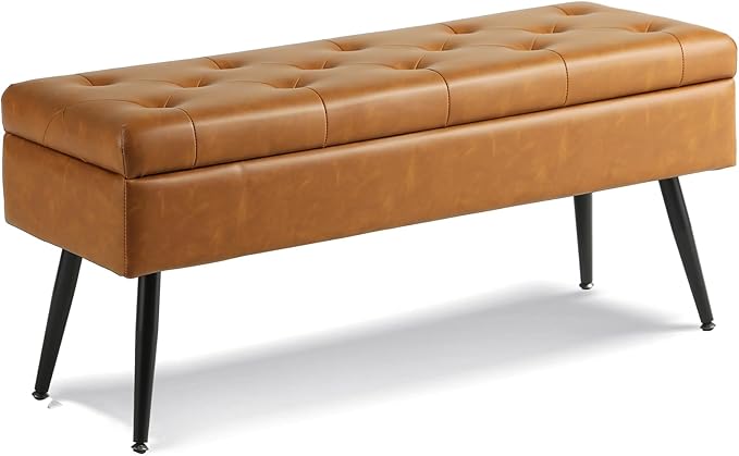CUYOCA Storage Ottoman Bench, 40" Faux Leather Tufted Entryway Bench, Long Ottoman with Storage for Living Room, Support 660lbs - Cognac Brown