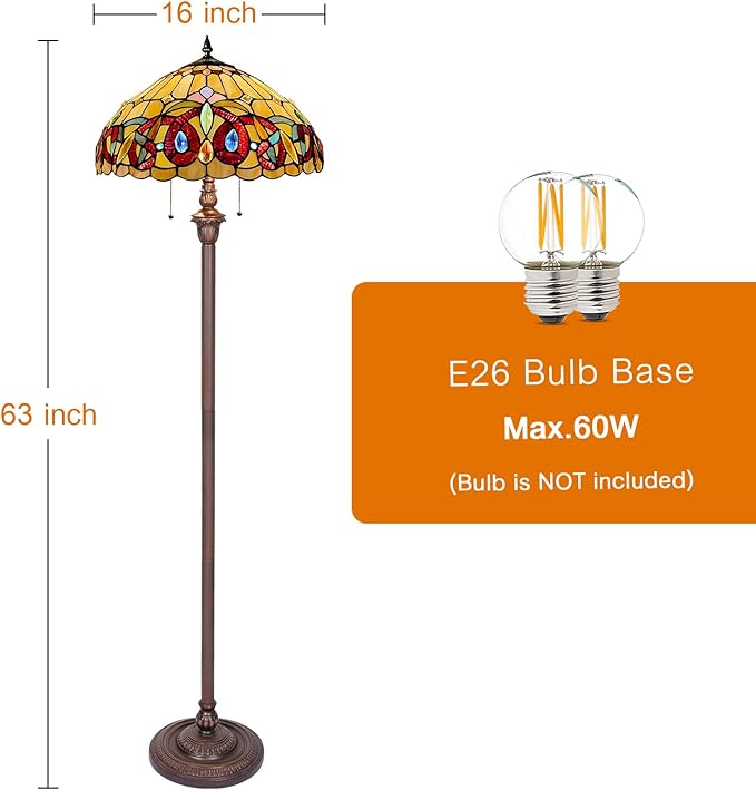 Capulina Tiffany Lamp Stained Glass Floor Lamp 2-Light 16x16x63 Inches Antique Victorian Cream Brown Industrial Dark Bronze Pole Tiffany Style Standing Lamp for Living Room Bedroom Home Office