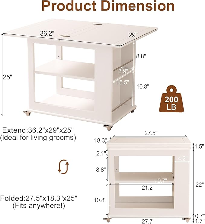 Folding Dining Table with Wheels, Solid Wood Dining Table Stylish 2-Tier Design for 2-4,White Hidden Storage for Living Room,Small Spaces, Dining Room, Kitchen