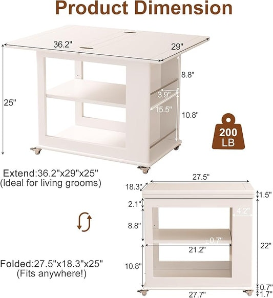 Folding Dining Table with Wheels, Solid Wood Dining Table Stylish 2-Tier Design for 2-4,White Hidden Storage for Living Room,Small Spaces, Dining Room, Kitchen