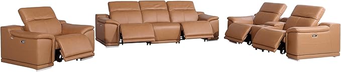Blackjack Furniture Venice Top Grain Italian Leather Recliner 7 Seater 5 Power Reclining 3 Piece Sofa Set with Adjustable Headrests Modern Seating Sofa, Loveseat and Chair for Living Room , Cognac